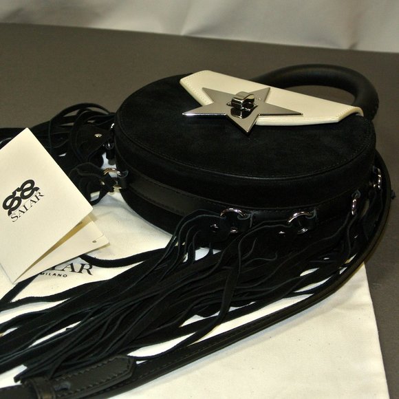 SALAR MILANO MIMI STAR FRINGE BAG, BLACK SUEDE WHITE CALFSKIN Rare COLOR COMBO - Picture 9 of 14